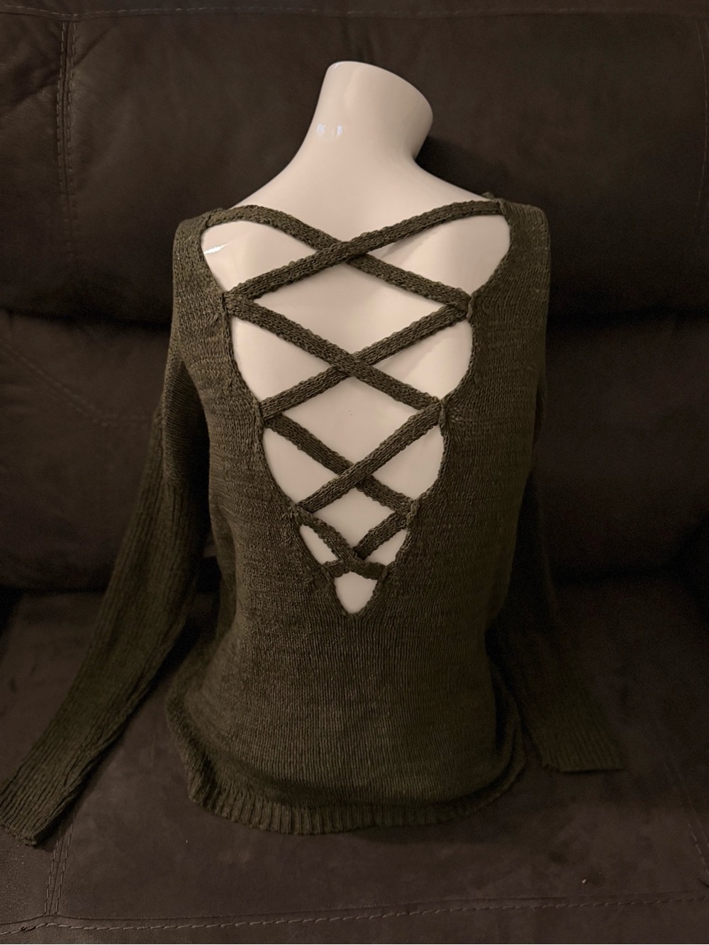 Open-Back Crisscross Knit Sweater - Olive Green